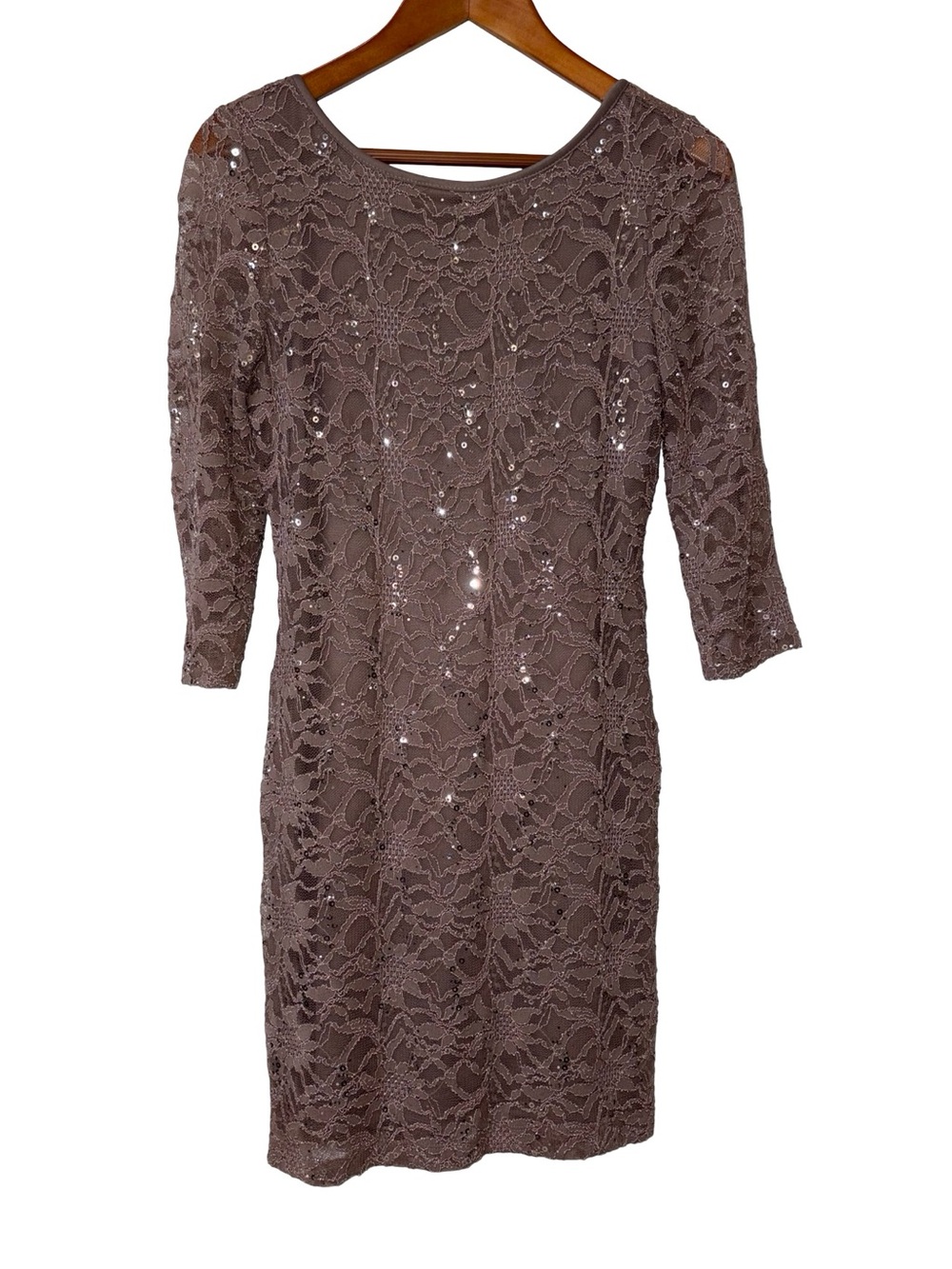 Boston Proper Sequin Lace Dress Taupe Sheath 3/4 Sleeve Size 4